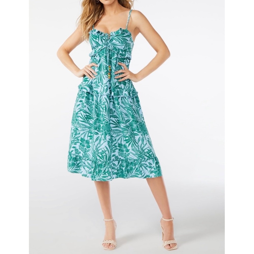 Brocade & Ivy Midi Empire Dress with Ruffle Seam Green Floral Vacation Tropical